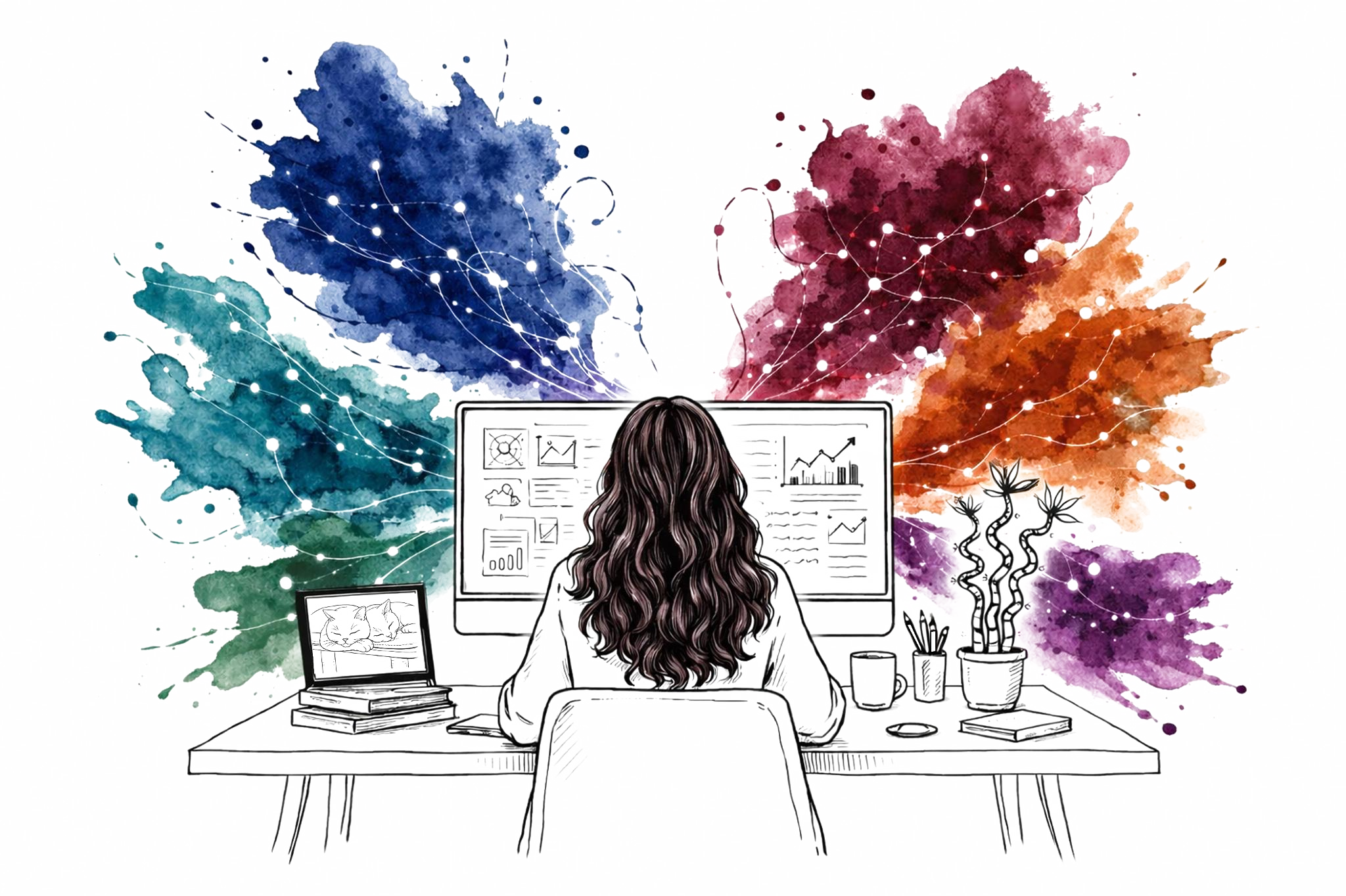 Illustration of a researcher at a desk surrounded by colorful watercolor splashes